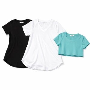 Zenana L 3 Piece Tee Bundle Black & White Basics Aqua Ribbed Crop Soft Stretch